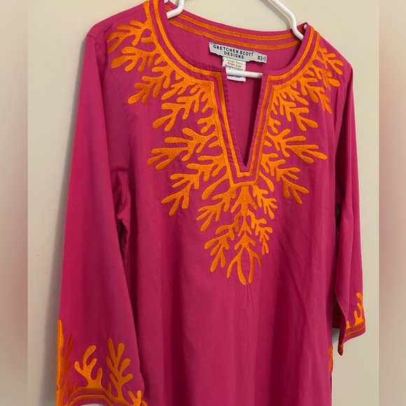 Gretchen Scott Tunic Top Women's Medium Pink Orange Embroidery 3/4 Sleeve cotton - Picture 2 of 7